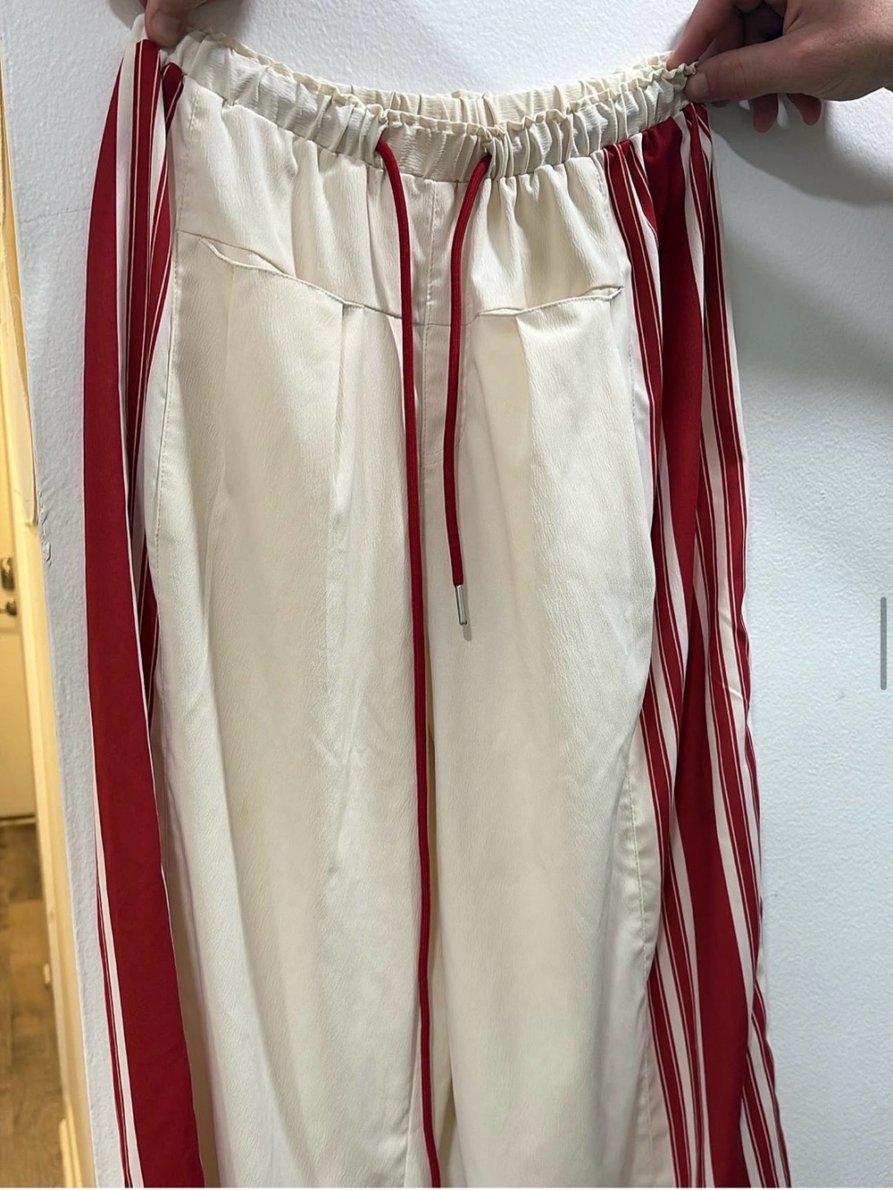 Cream Jogger Pants with Red Stripe Detail